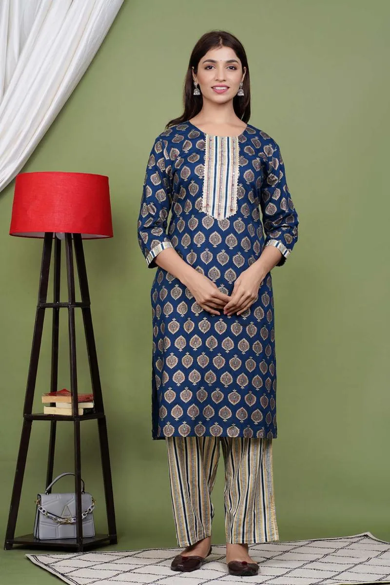 Rayon Printed Kurti with Pant Set for Women  000073M38BLU2