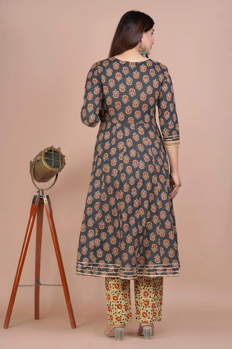 Cotton Printed Kurti with Palazzo & Dupatta Set for Women 000161S36GRE2