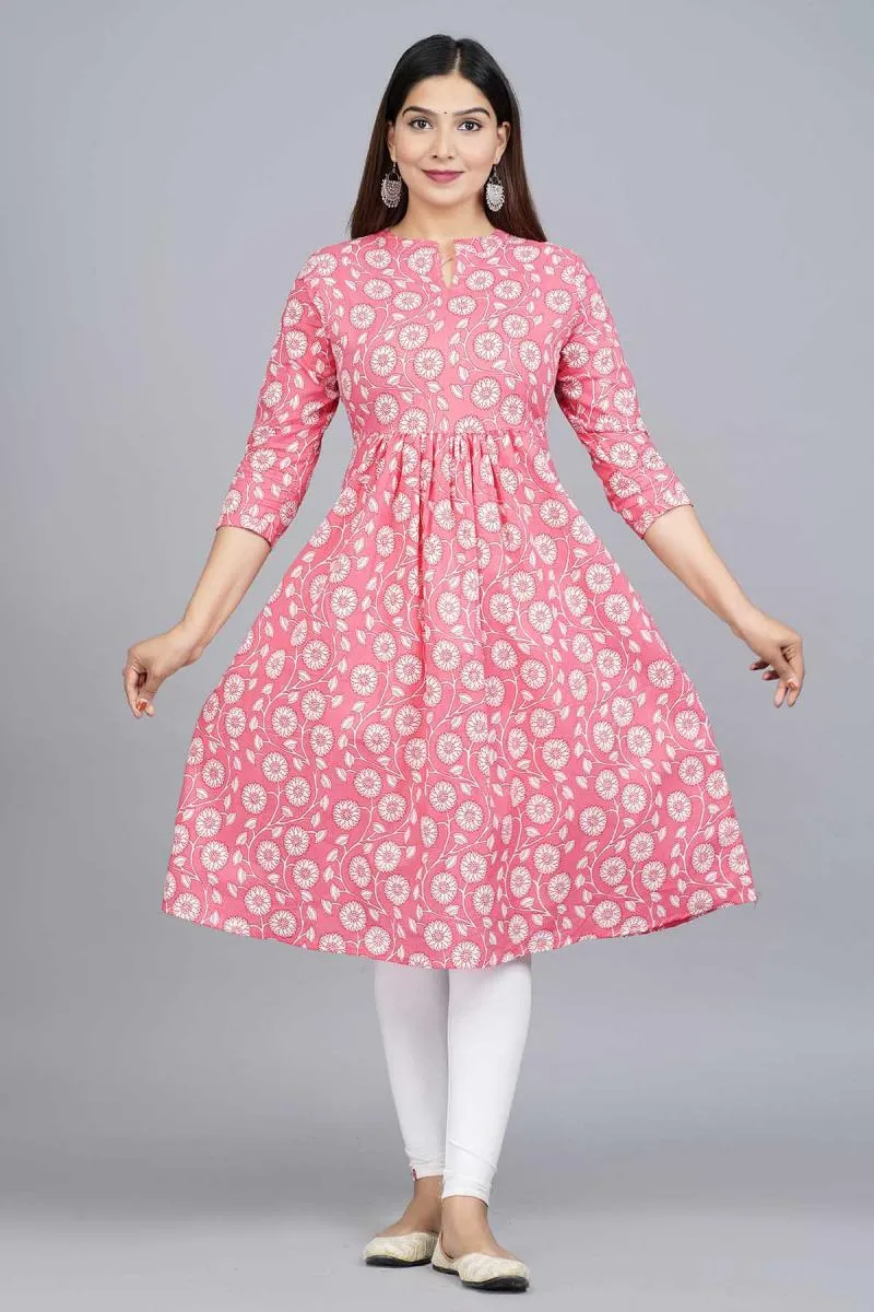 Cotton Floral Print Anarkali Kurti for Women 000462XL4PIN
