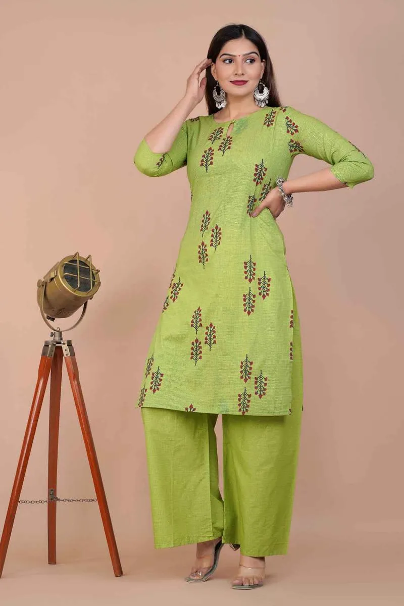 Cotton Printed Kurti with Palazzo Set for Women (2-Pcs Set)