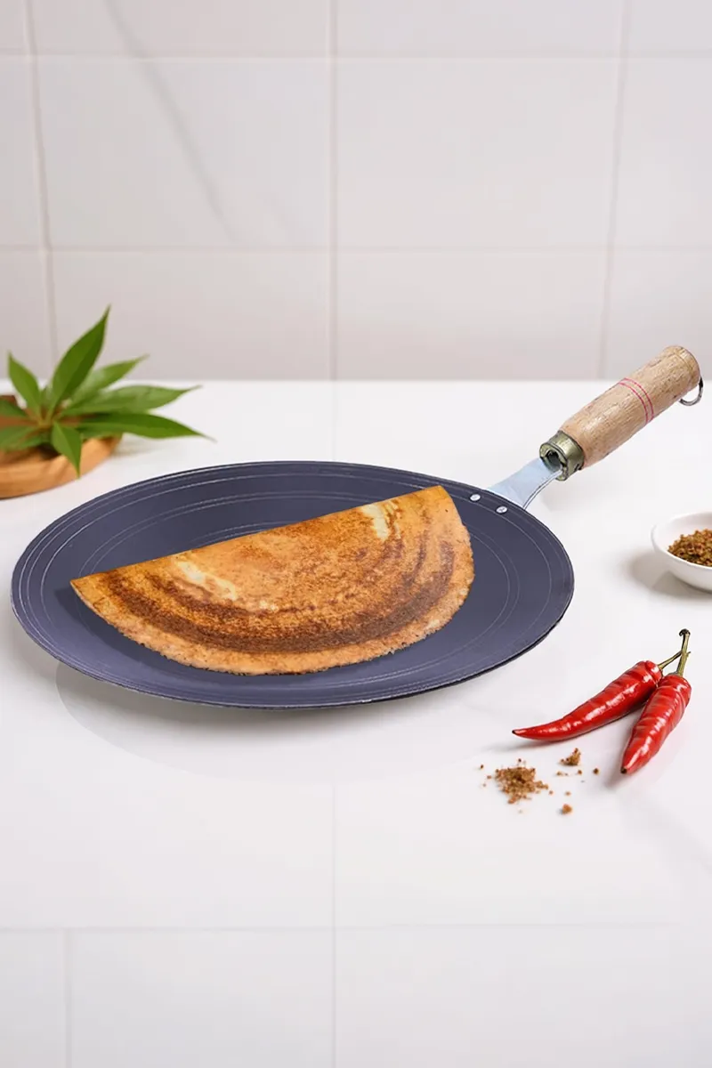 Bluevel 100% Pure Sheet Iron Tawa, 11 Inch, Concave, Toxin-Free, Pre-Seasoned, Wooden Handle, Naturally Nonstick, 0.95kg