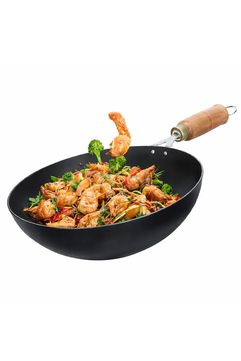 Bluevel 100% Pure Sheet Iron Wok with Wooden Handle, 10 Inch, 1.4L, Toxin-Free, Pre-Seasoned, Naturally Nonstick, 0.98kg