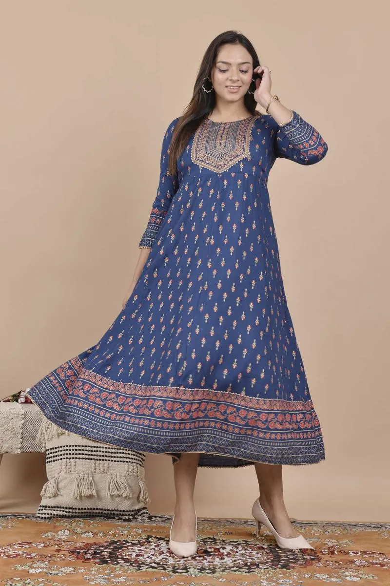 Rayon Printed Anarkali Kurti for Women 001532M38BLU