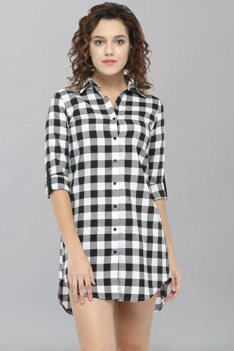 Women's Cotton Checkered Shirt Dress