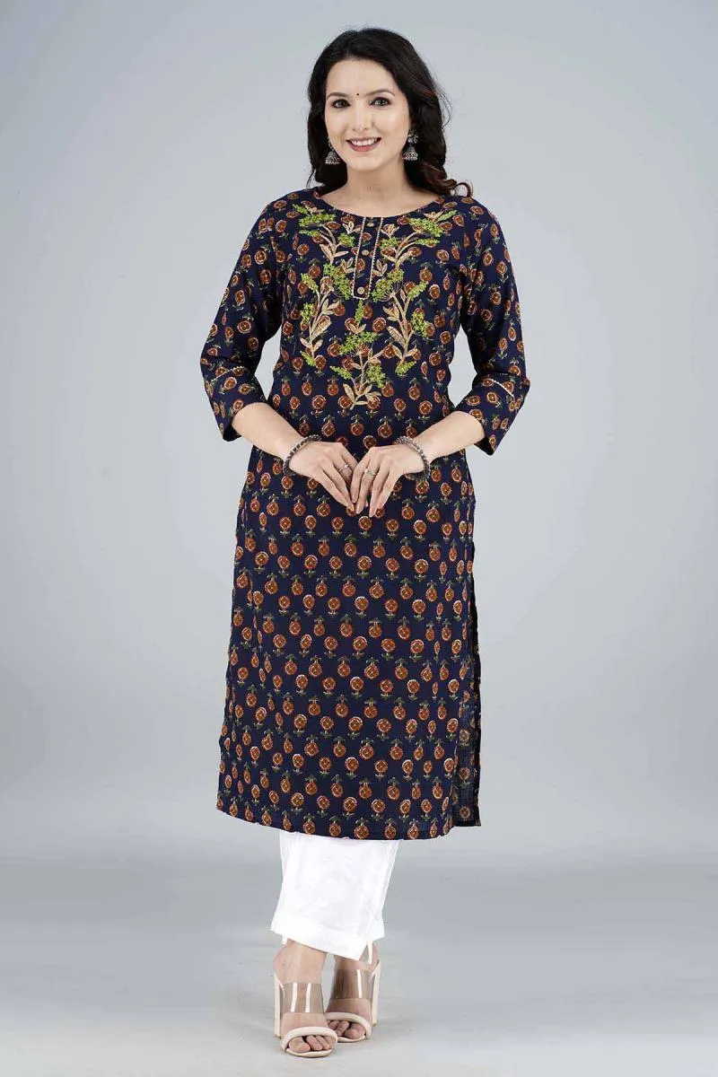 Cotton Embroidered Kurti with Palazzo Set for Women 001973XXLBLU