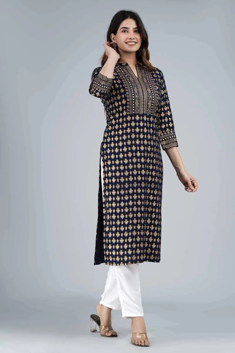 Rayon Gold Print Kurti for Women 001991XLBLU