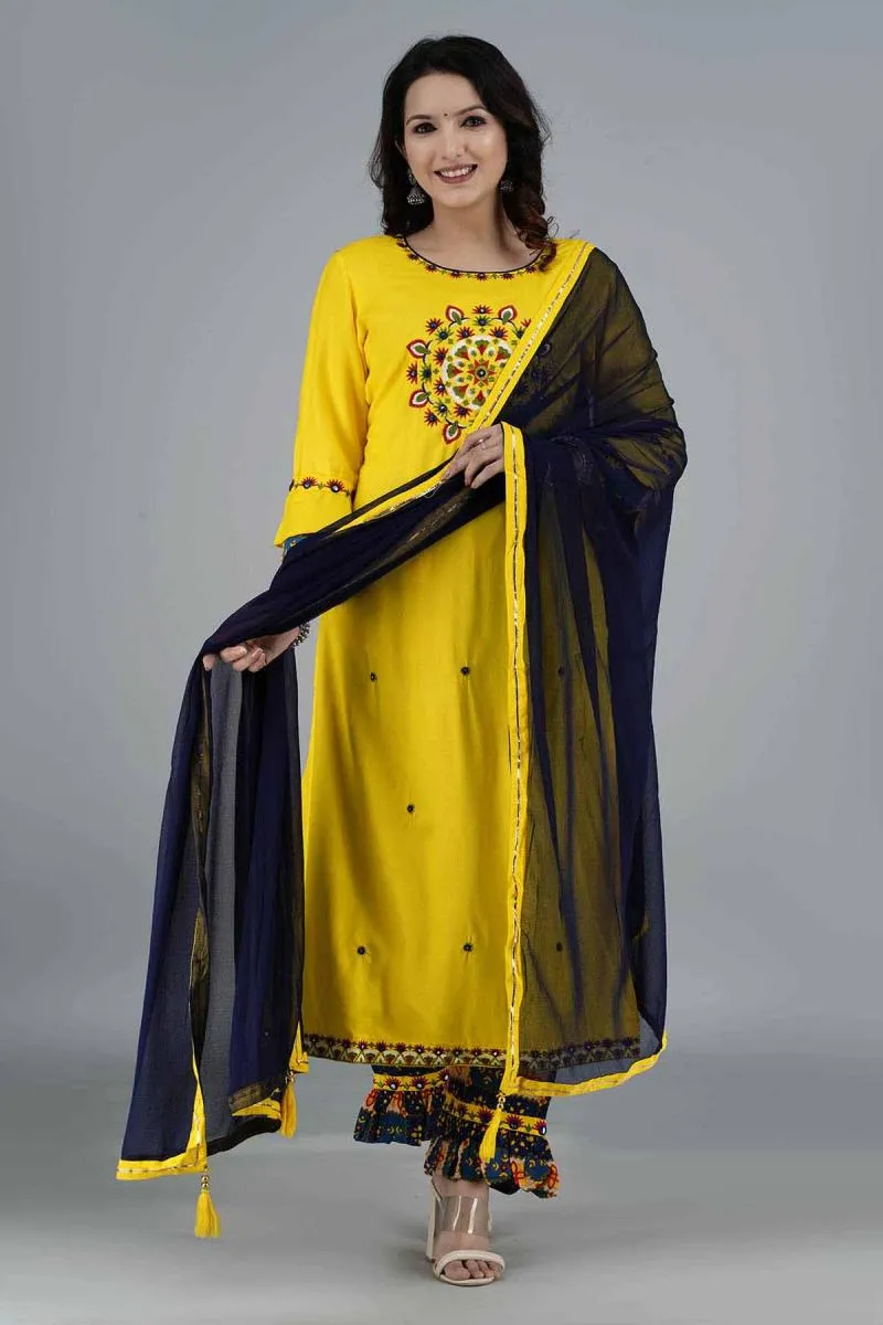 Rayon Embroidered Kurti with Palazzo & Dupatta Set for Women 001996MYEL
