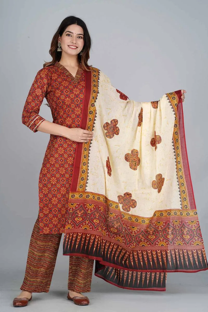 Cotton Printed Kurti with Palazzo & Dupatta Set for Women