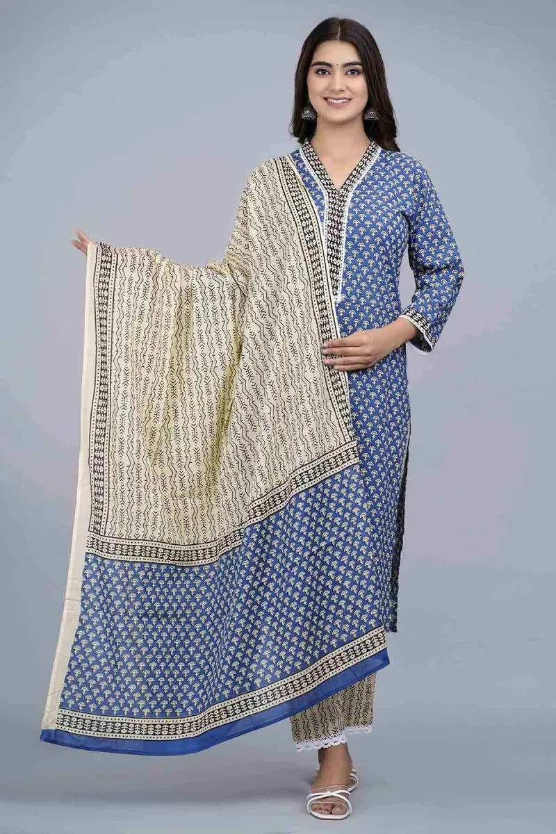 Cotton Printed Kurti with Palazzo & Dupatta Set for Women  002008SBLU