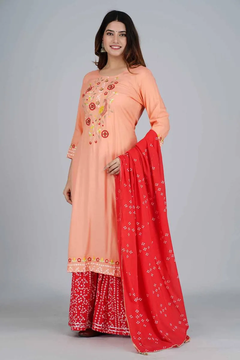 Rayon Embroidered Kurti with Palazzo &  Dupatta Set for Women 002009XLPEA