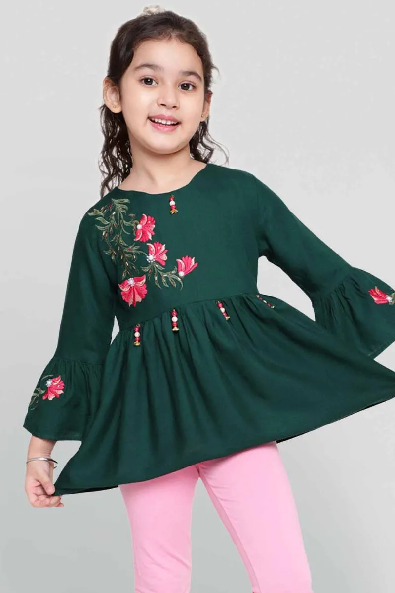 Girl's Viscose Rayon Embroidered Pattern Top (3 - 16 Yrs) 00254978YRSDARGRE