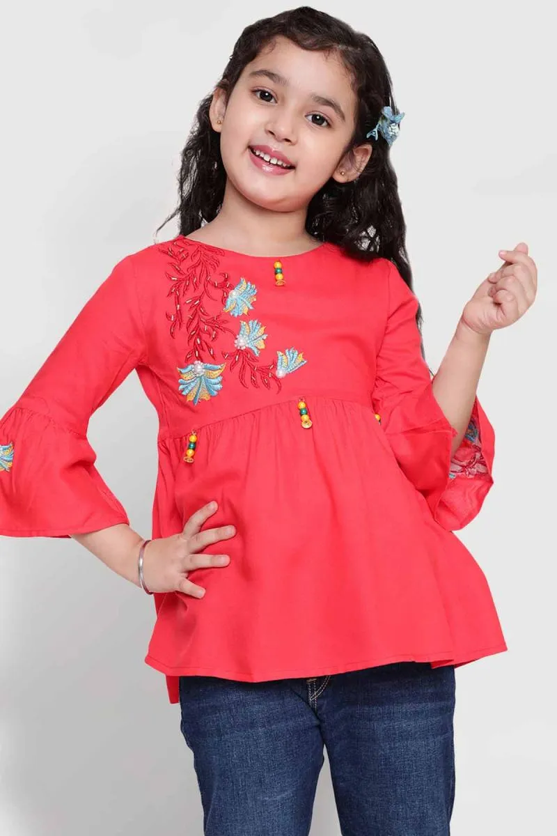 Girl's Viscose Rayon Embroidered Pattern Top (3 - 16 Yrs) 00254978YRSRED