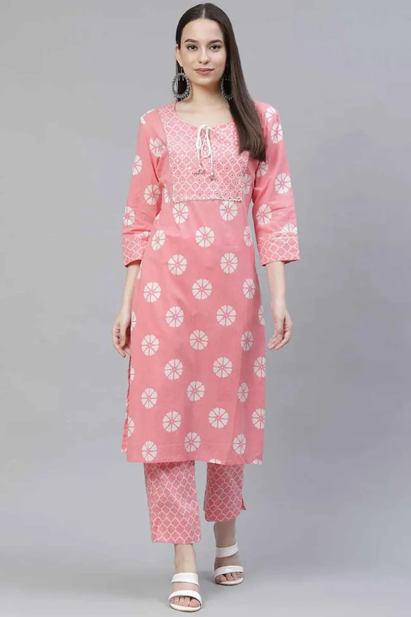 Cotton Blend Embroidered Kurti with Pant Set for Women