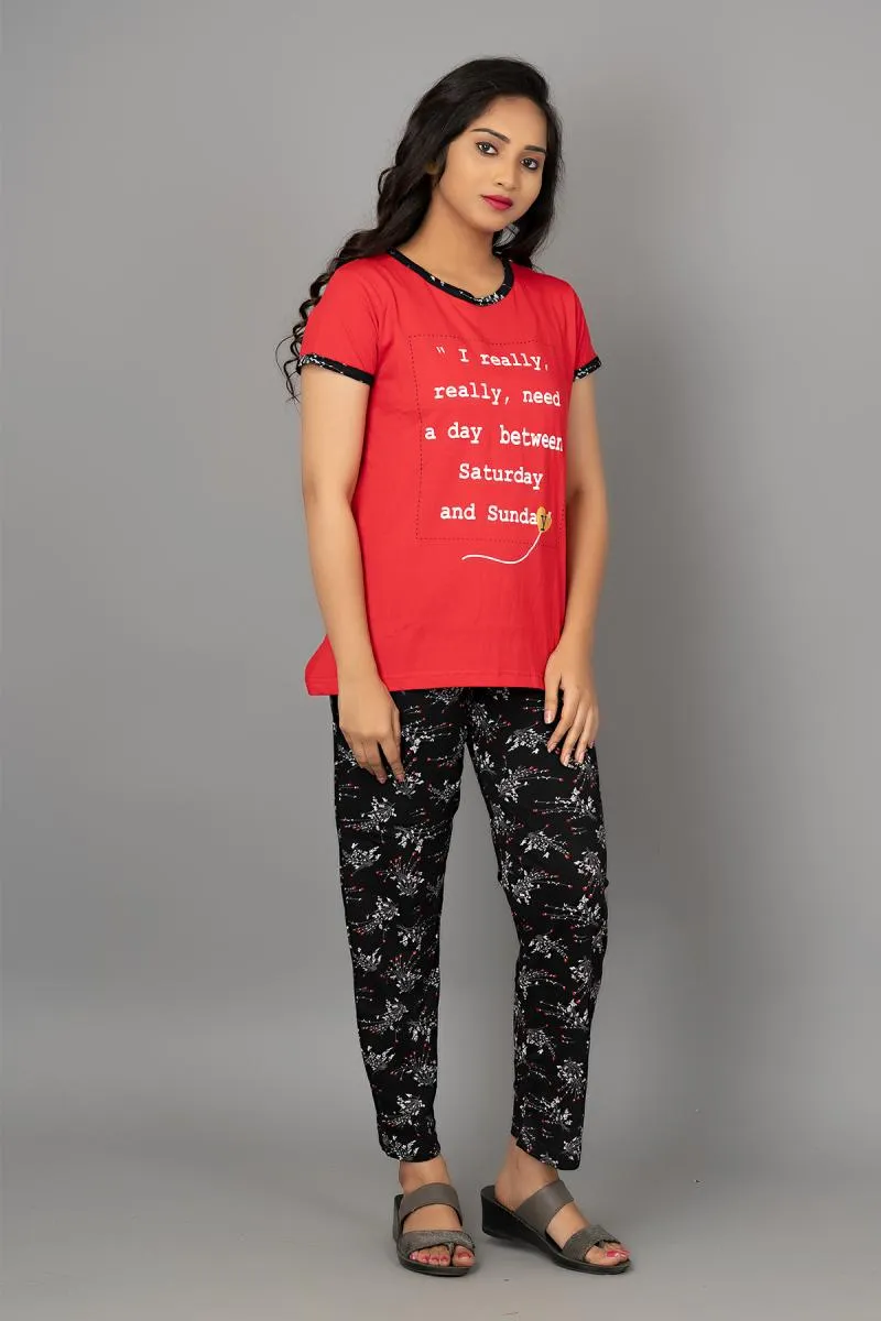 Cotton Printed Top with Pyjama Set for Women
