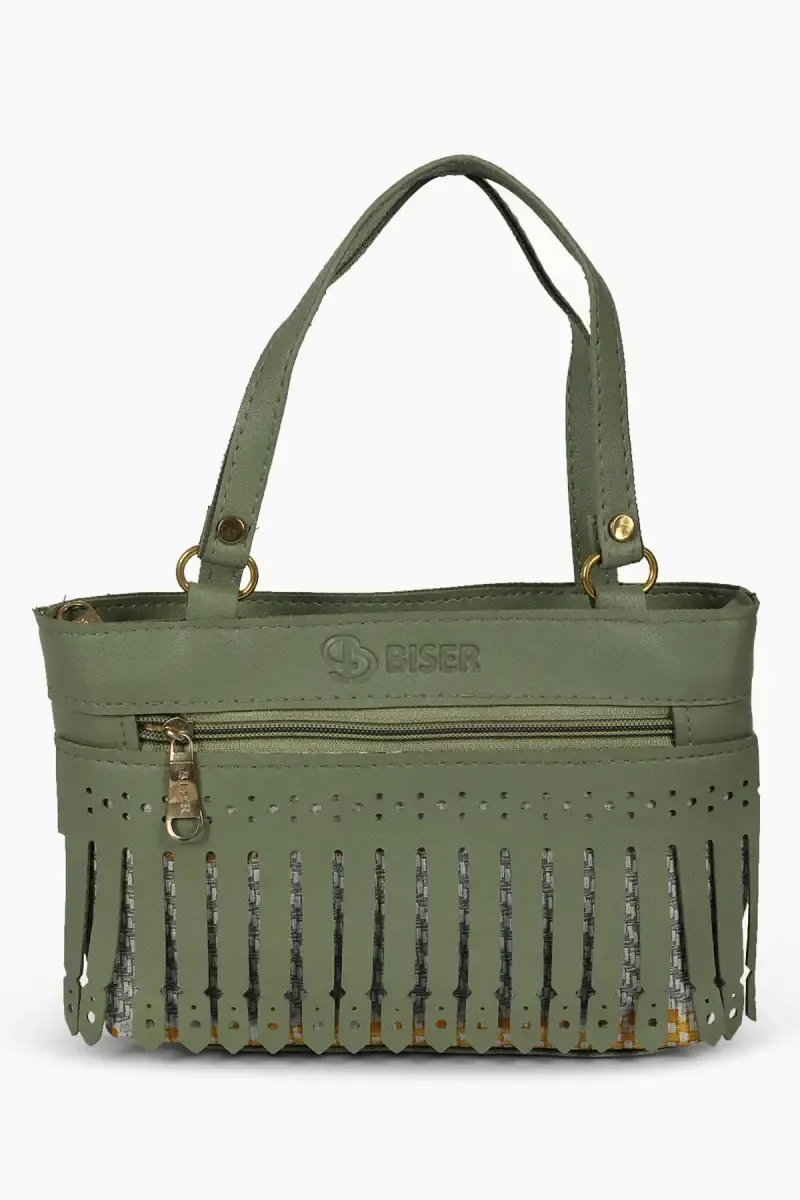 Green Small Tote Bag with Fringed Detailing