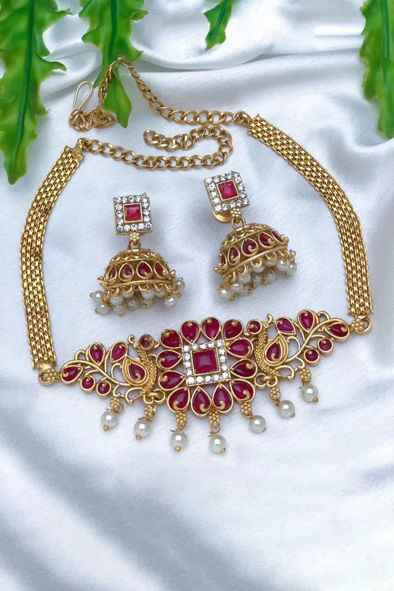 Floral Design Choker with Earrings Set for Women 0088071RED18INC2