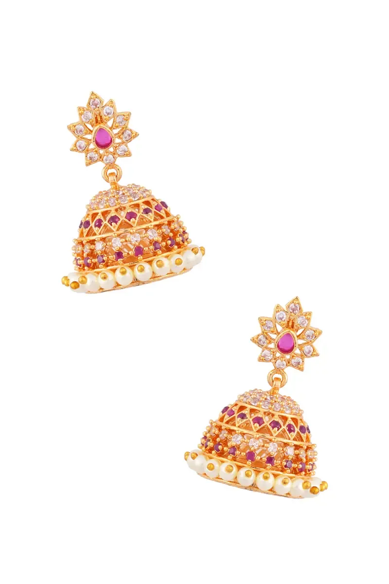 Gold Plated Floral CZ & Pearl Jhumka Earrings for Women