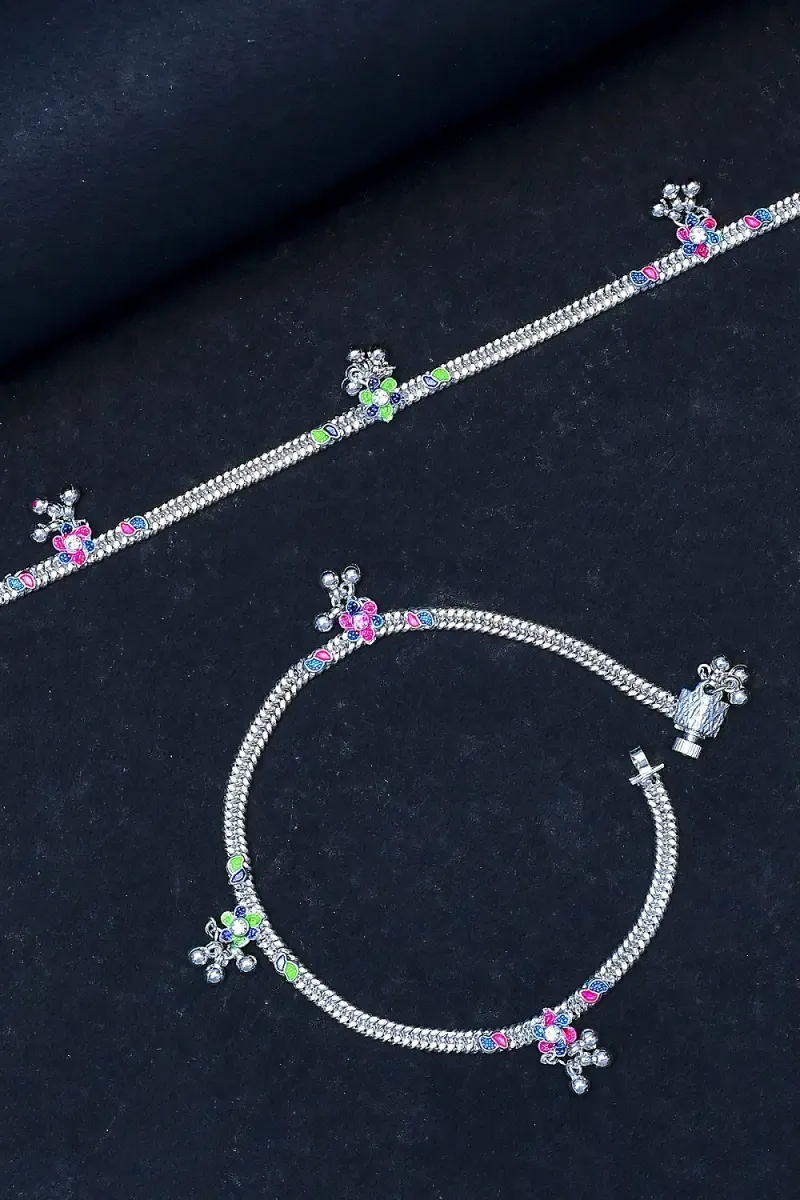 Silver Plated Floral Beaded Anklet Set for Women & Girls