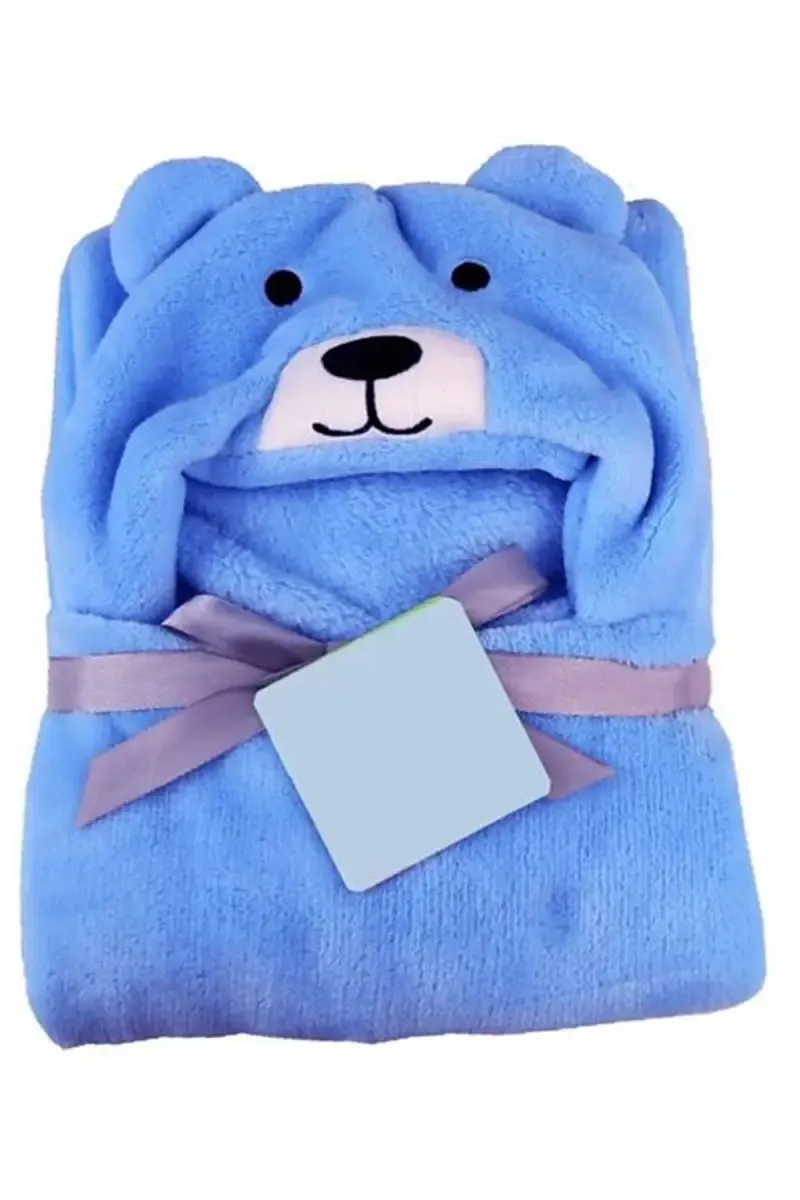 Coral Fleece Embroidered Crib Hooded Baby Blanket (Blue)