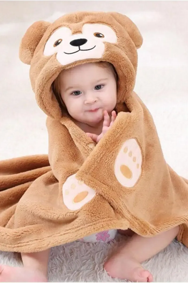 Coral Fleece Embroidered Crib Hooded Baby Blanket (Brown)