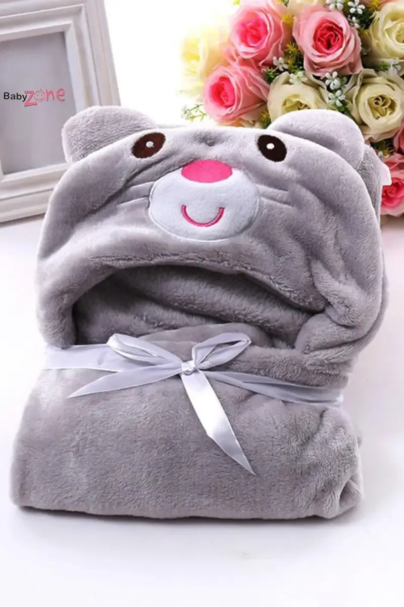 Coral Fleece Embroidered Crib Hooded Baby Blanket (Grey)