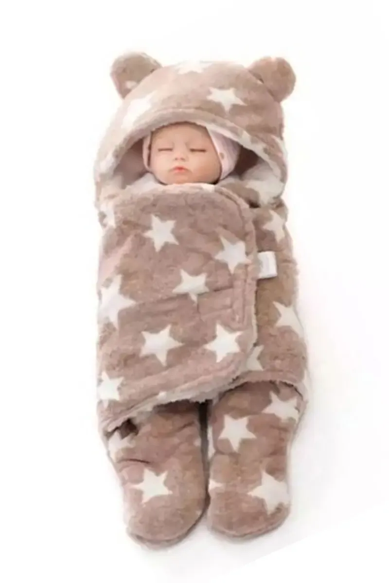 Baby Zone Coral Fleece Printed Hooded Baby Blanket (Beige) 009856BEI2