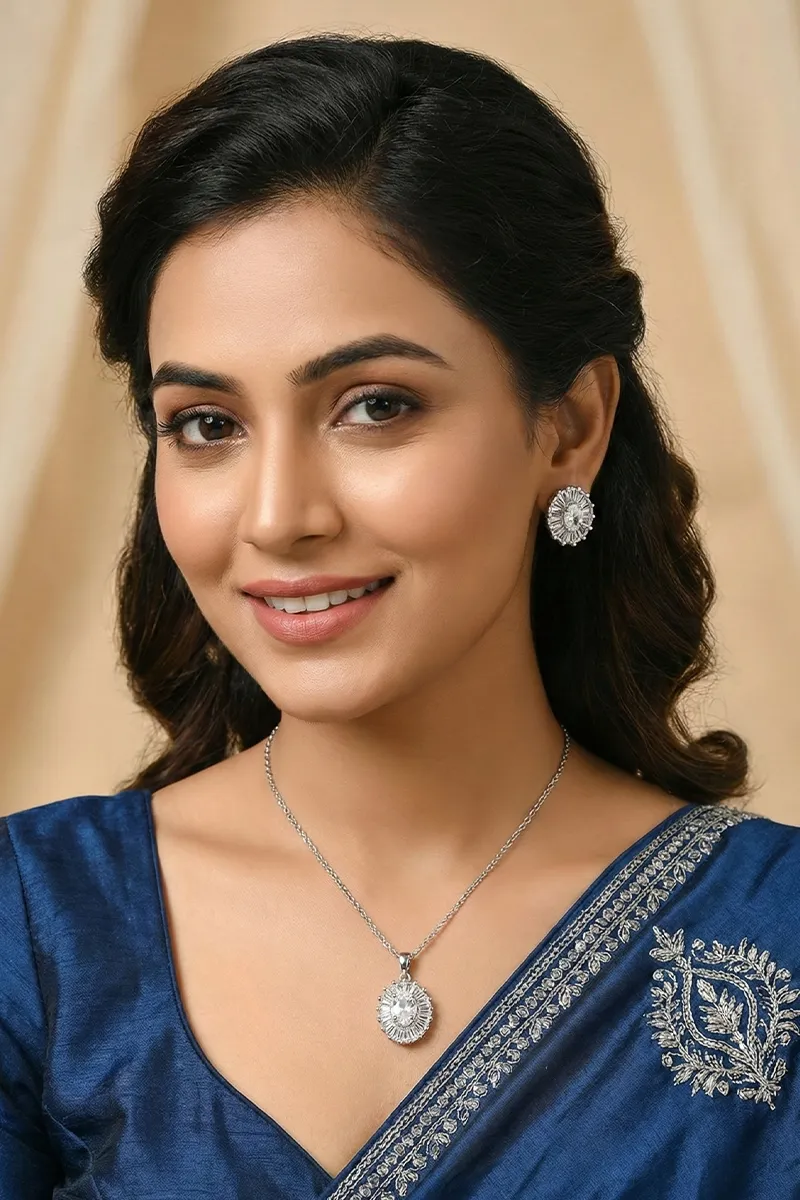 Silver Floral Pendant Necklace with Earrings Set for Women & Girls 0099911SIL10INC