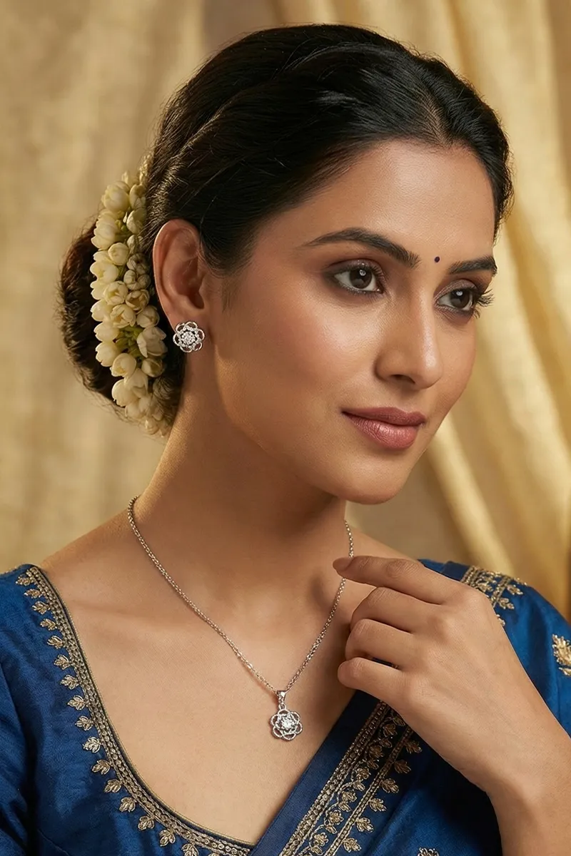 Silver Floral Pendant Necklace with Earrings Set for Women & Girls