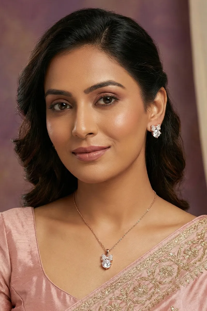 Rose Gold Bow Pendant Necklace with Earrings Set for Women & Girls