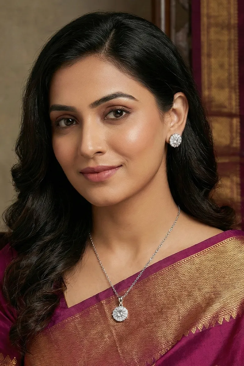 Silver Floral Pendant Necklace with Earrings Set for Women & Girls 0100221SIL10INC