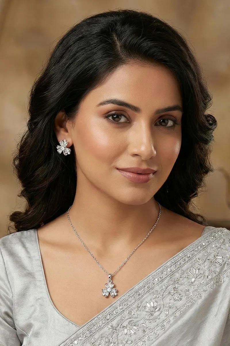 Silver Floral Pendant Necklace with Earrings Set for Women & Girls