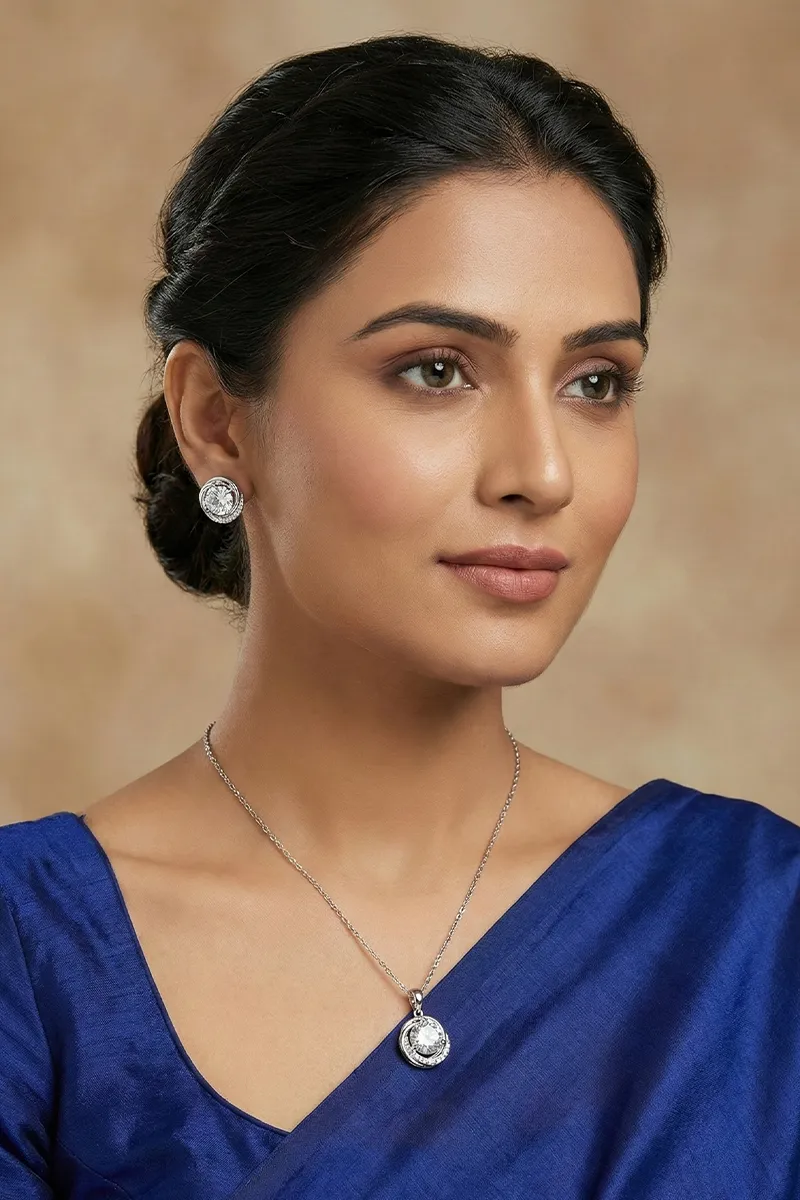 Silver Round Pendant Necklace with Earrings Set for Women & Girls