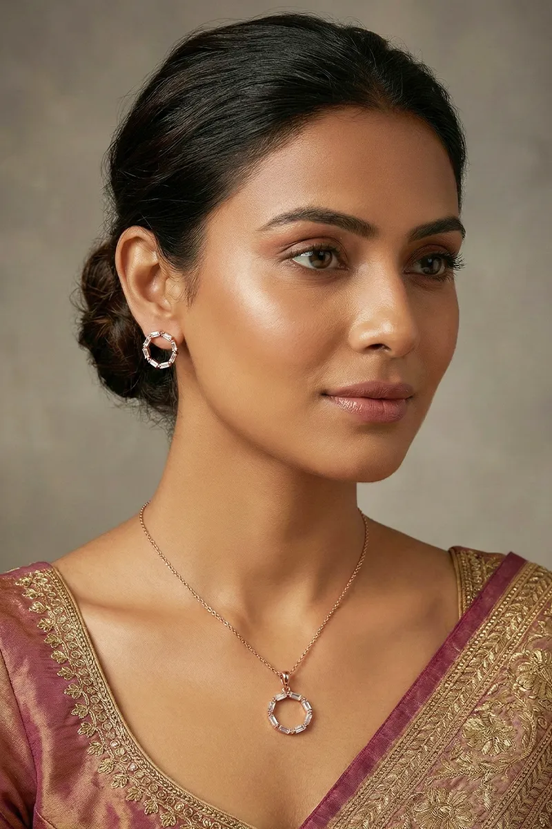 Rose Gold Round Pendant Necklace with Earrings Set for Women & Girls