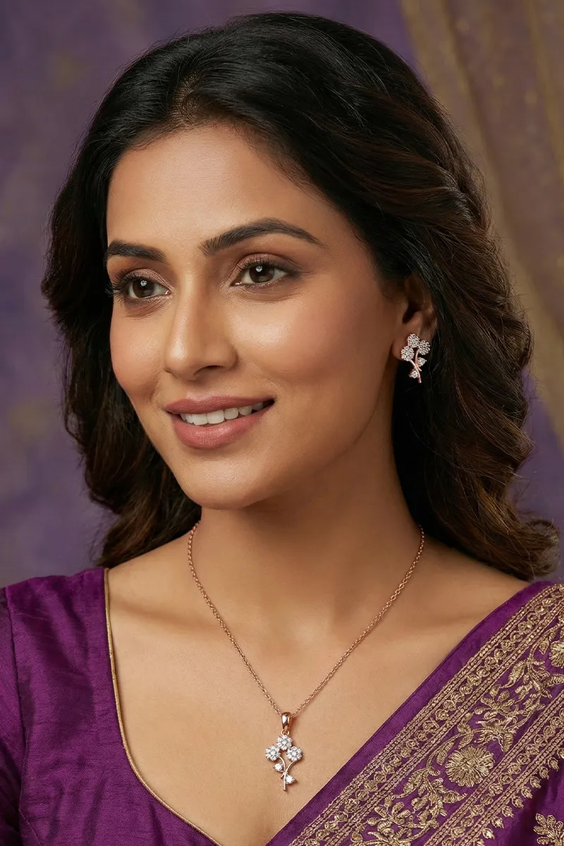 Rose Gold Floral Pendant Necklace with Earrings Set for Women & Girls