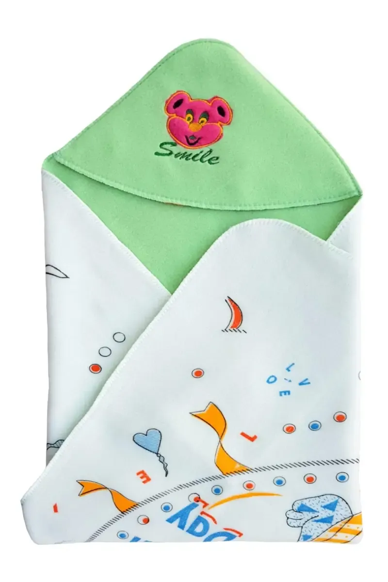 Polyester Printed Crib Hooded Baby Blanket Green ( Design May Vary )