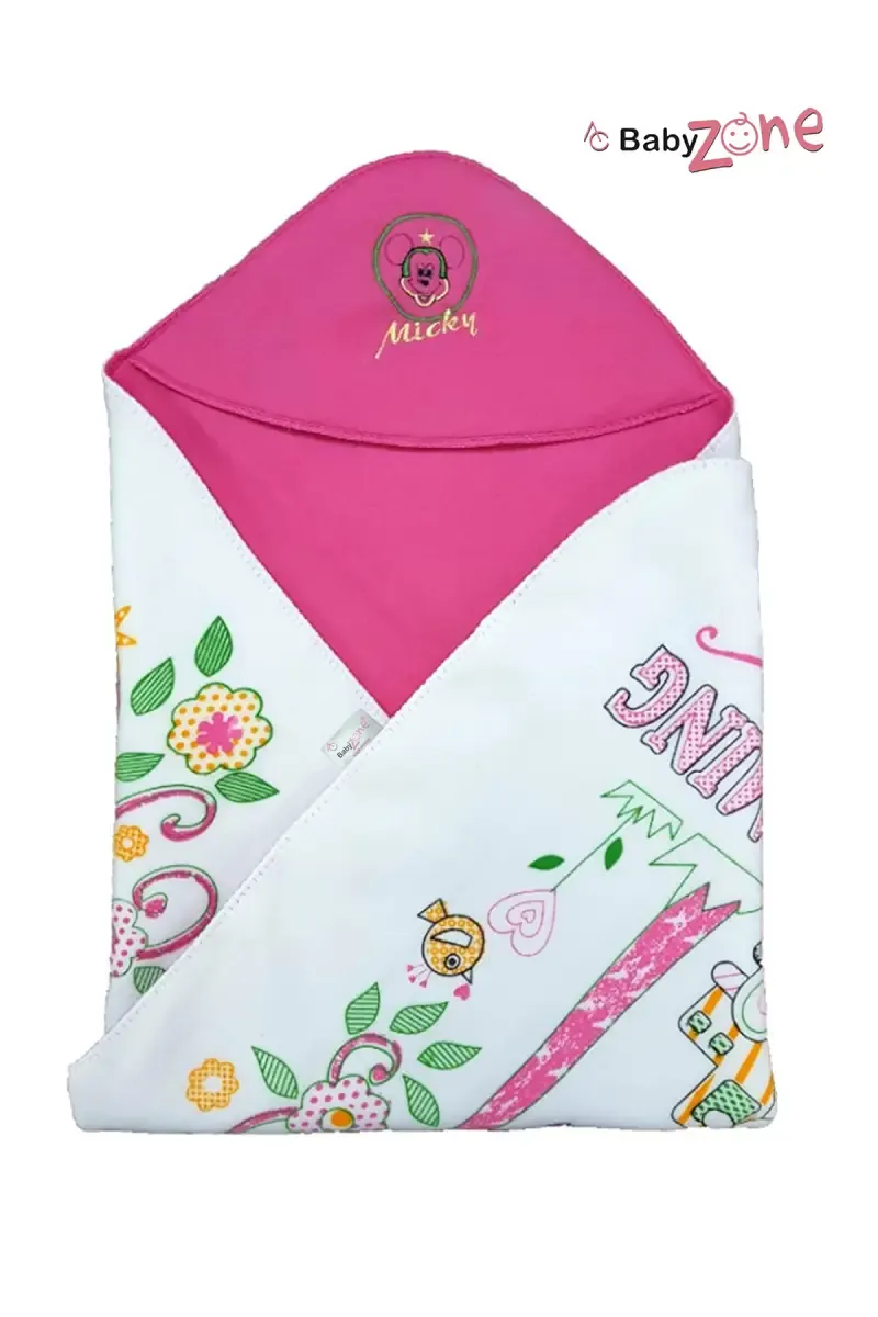 Polyester Printed Crib Hooded Baby Blanket Pink ( Design May Vary )
