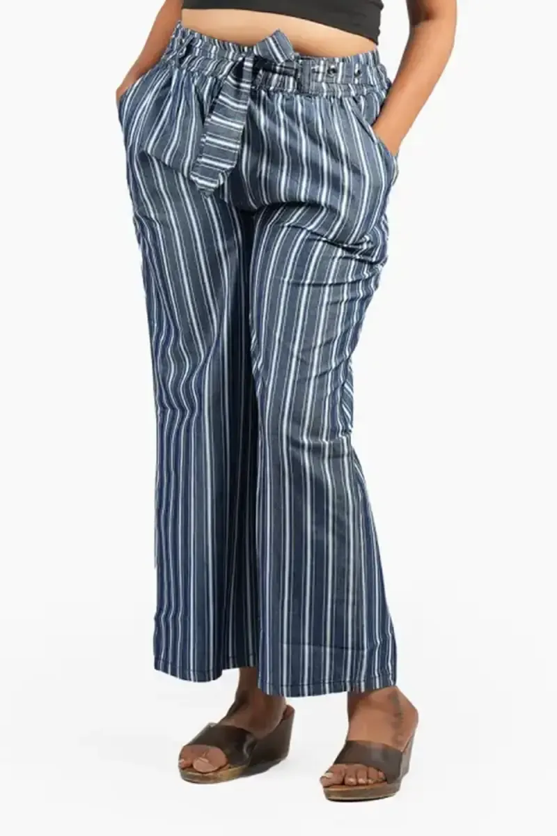 Cotton Blend Striped Palazzo for Women 010542NAVBLUXL