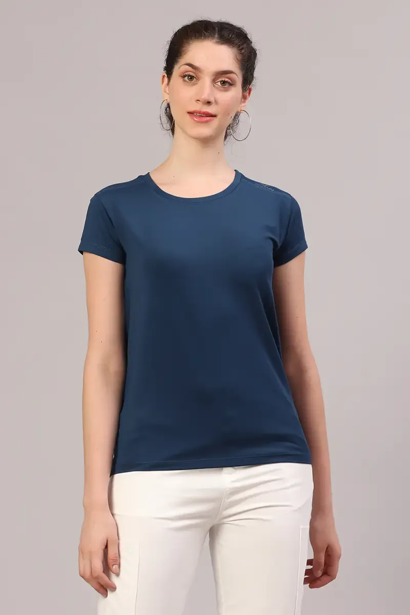 Cotton Blend Solid T-Shirt for Women 010945MDARBLU