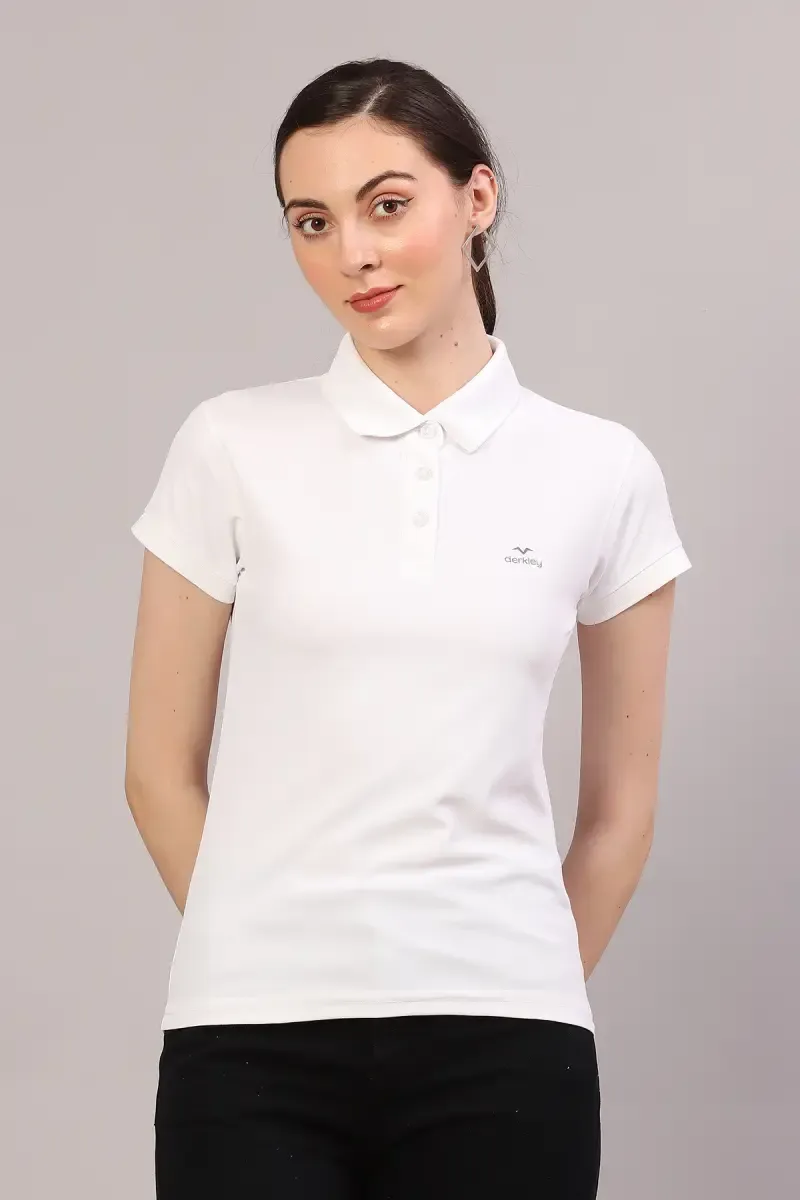 Cotton Blend Solid Polo T-Shirt for Women 010953XLWHI