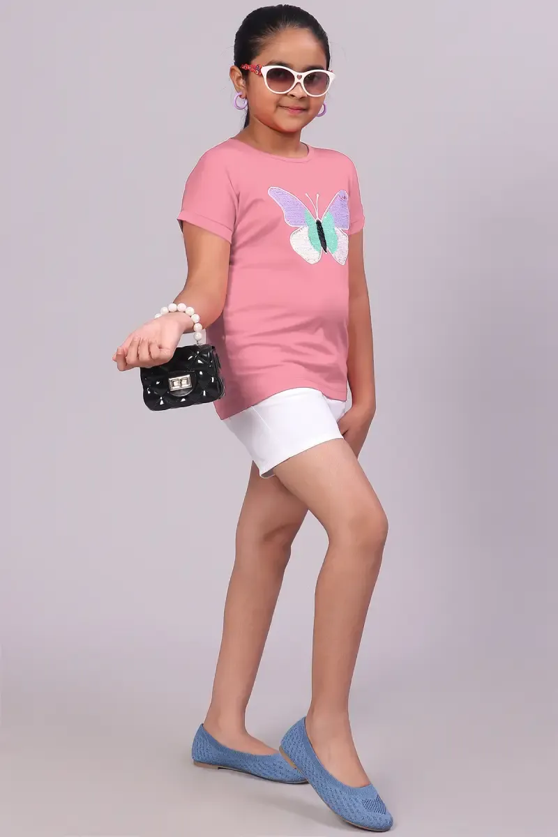 Cotton Lycra Blend Embellished Pattern T-Shirt for Girl (3-12 Yrs)