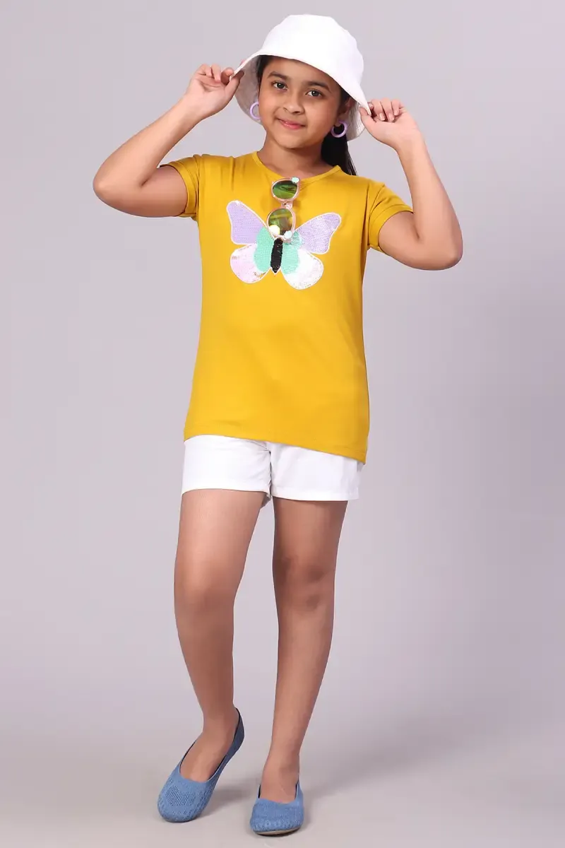 Cotton Lycra Blend Embellished Pattern T-Shirt for Girl (3-12 Yrs)