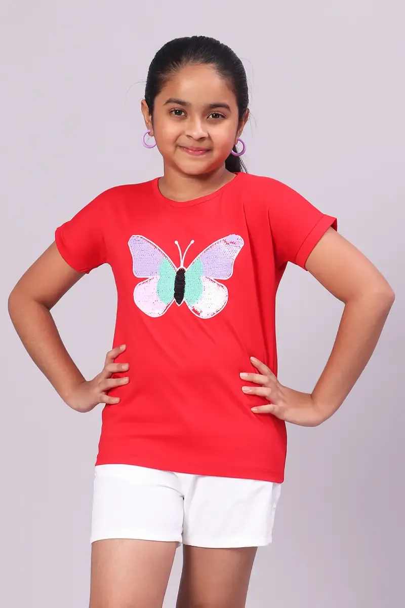 Cotton Lycra Blend Embellished Pattern T-Shirt for Girl (3-12 Yrs) 01100178YRSRED