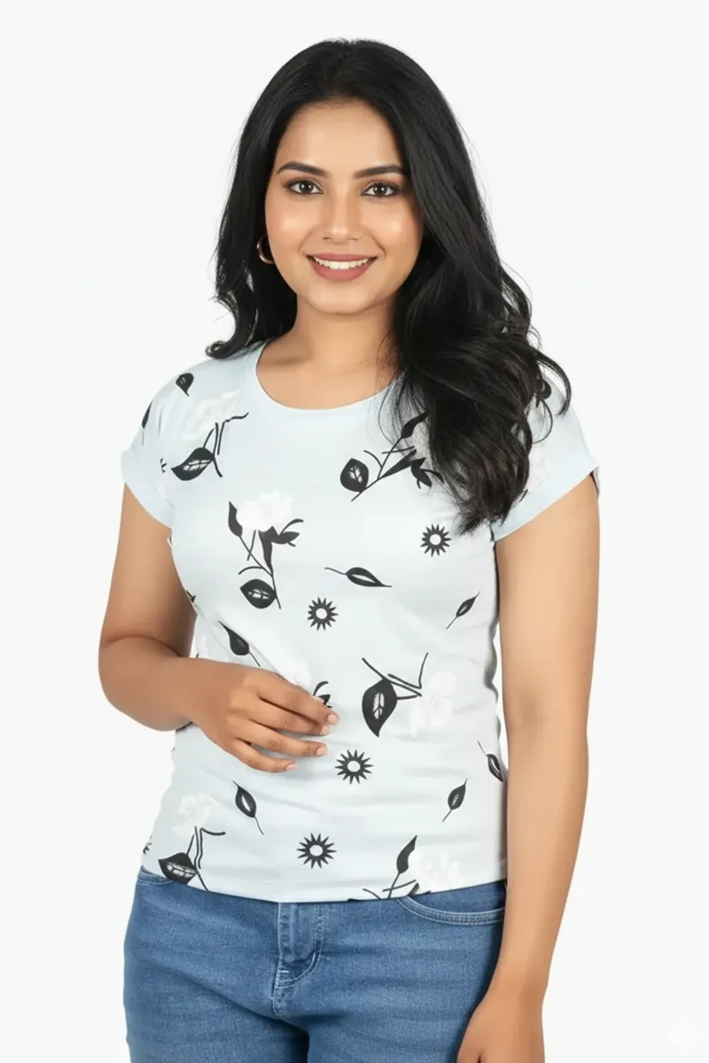 Cotton Floral Printed T-Shirt for Women 011391XLLIGBLU