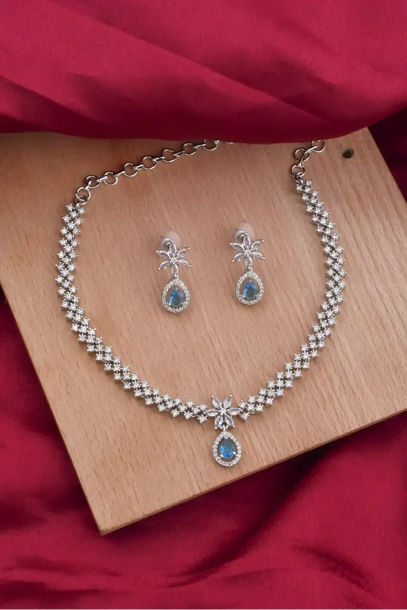 Rhodium Plating Floral Necklace with Earrings Set for Women 0115551BLU18INC