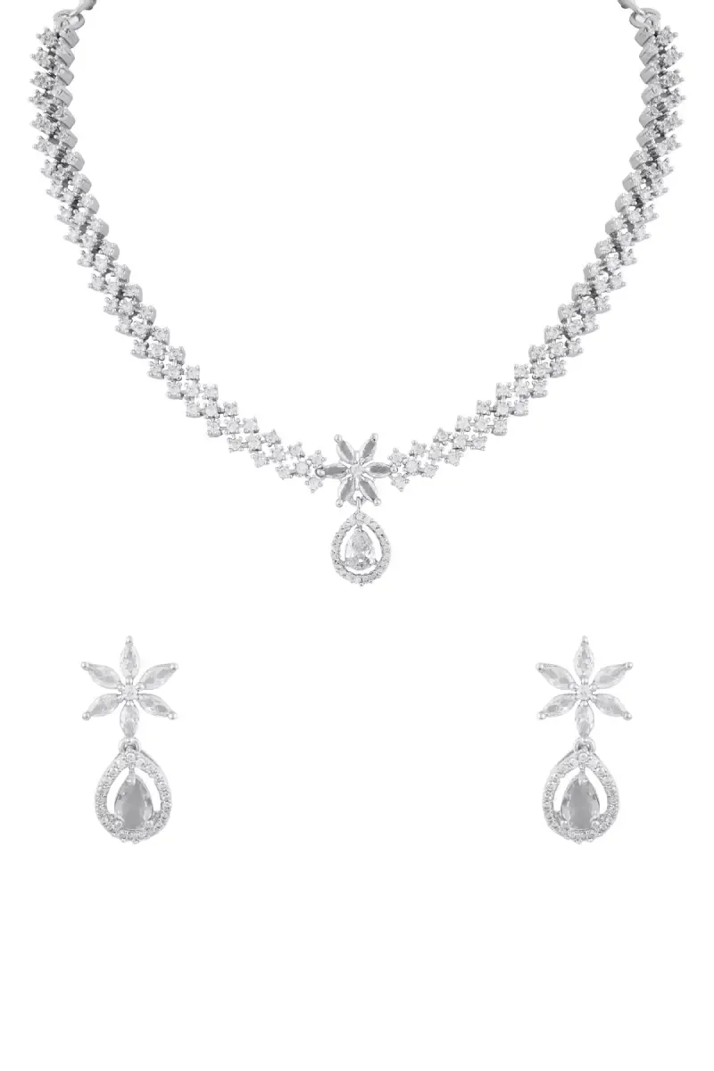Rhodium Plating Floral Necklace with Earrings Set for Women