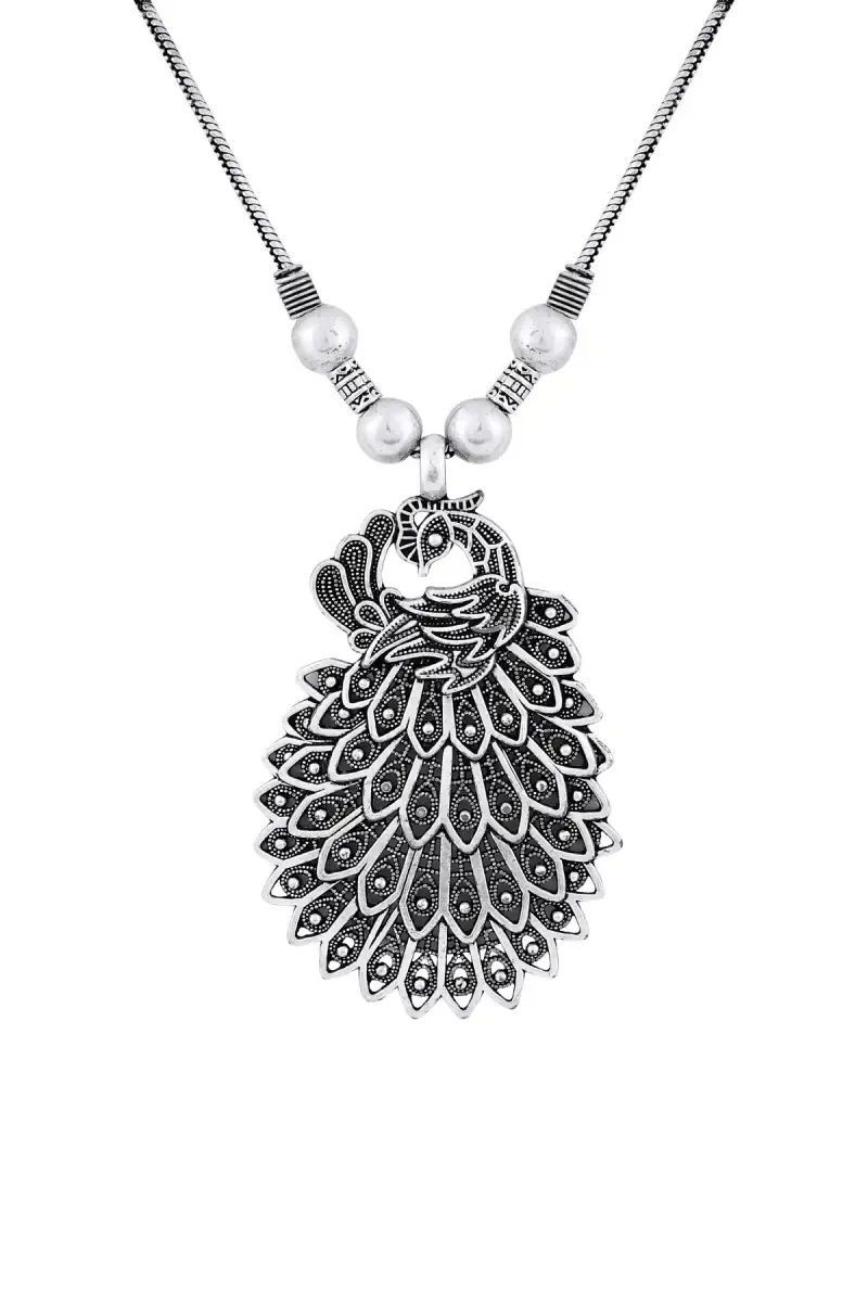 Oxidised Silver Peacock Design Necklace for Women