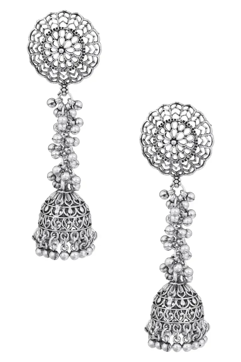 Oxidised Silver Floral Long Jhumki Earrings for Women
