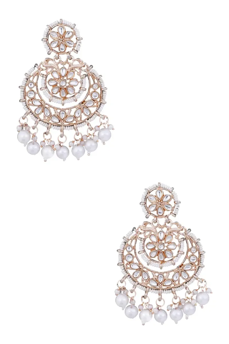 Gold Plated White Pearls Chand Bali Earrings