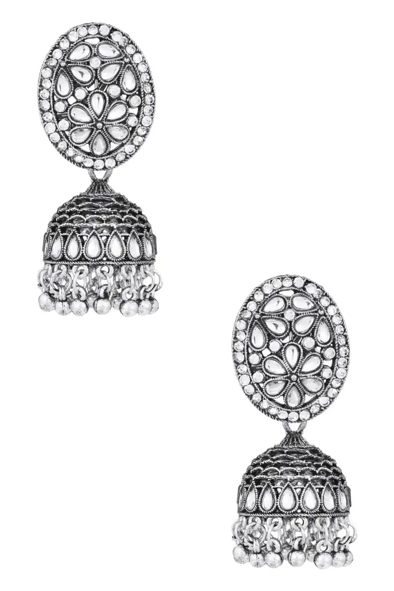 Oxidised Silver Floral Jhumki Earrings for Women