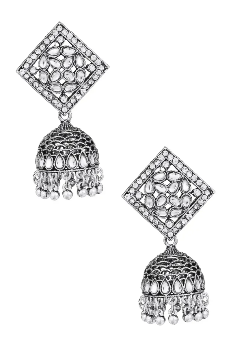 Oxidised Silver Kundan Jhumki Earrings for Women